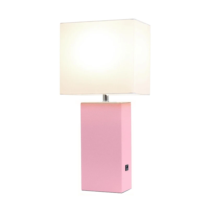 Elegant Designs Modern Leather Table Lamp with USB and White Fabric Shade