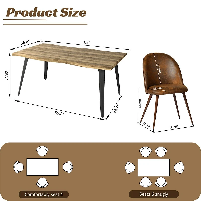 Ensemble table à manger Homy Casa 160 cm avec 1 table et 4 chaises à dossier haut, plateau en noyer moderne à bords ondulés, revêtement en similicuir brun
