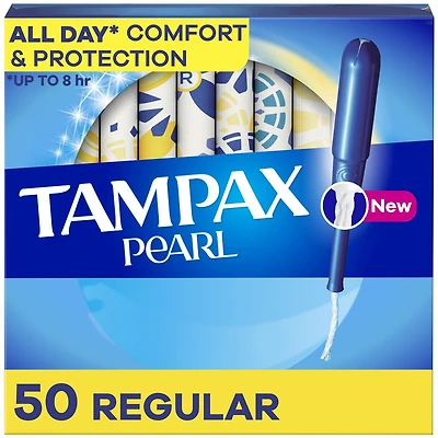 Tampax Pearl Tampons, with LeakGuard Braid, Regular Absorbency, Unscented, 50CT