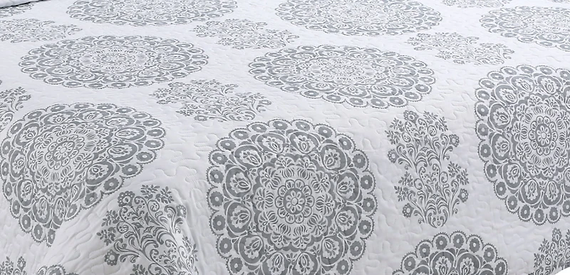 Marina Decoration Rich Printed Stitching Coverlet Bedspread Ultra Soft Bedding Summer Quilt Set with Quilted Sham, Grey Floral Mandala Pattern