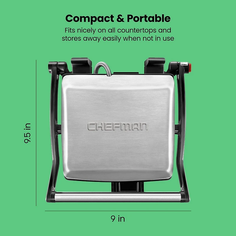 Chefman 3-in-1 Panini Press & Grill, 4-Slice Non-Stick, Opens Flat - Stainless Steel, New