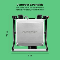 Chefman 3-in-1 Panini Press & Grill, 4-Slice Non-Stick, Opens Flat - Stainless Steel, New