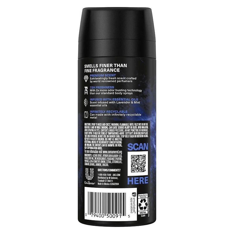 AXE Fine Fragrance Collection Premium Body Spray for Men, Blue Lavender deodorant, with 72H odour protection and freshness, infused with lavender, mint, and amber essential oils, 113g