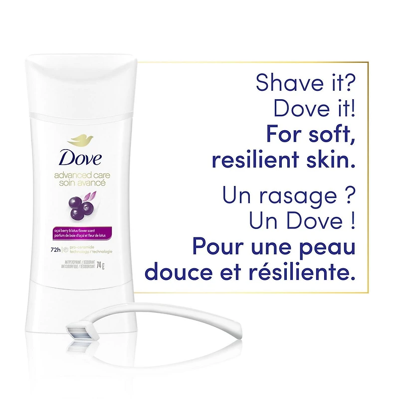 Antisudorifique désodorisant pour femme Dove Soin Avancé Parfum de Baie d'Açaï et Fleur de Lotus avec technologie pro-céramides pour une peau douce et résistante 74g