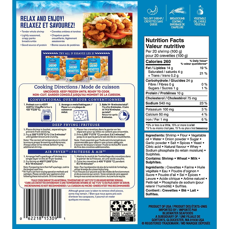 BlueWater Seafoods Popcorn Shrimp Whole, Tail-Off Shrimp, Breaded with Crunchy Panko Breadcrumbs, Frozen, 325 g Package, Crunchy panko breaded popcorn shrimp