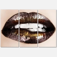 Designart Black Gold Lips Biting Canvas Wall Art
