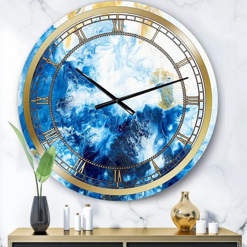 Designart 'Blue and Gold Ocean Abstract Marble' Glam wall clock