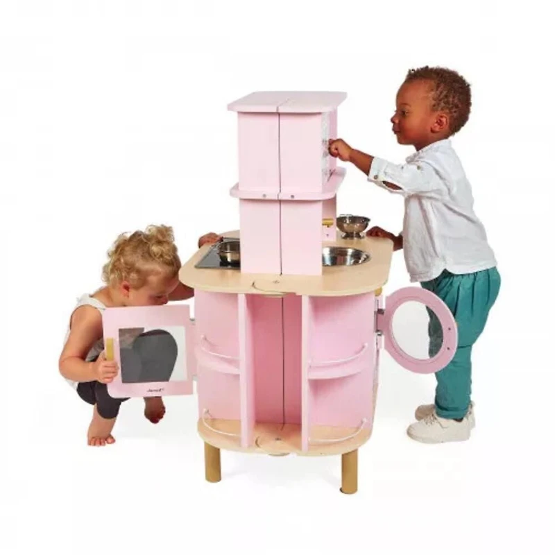 Janod Twist Cuisine - Cuisine en Bois Extensible Double Face avec 8 Accessoires - 86 cm de Hauteur - Jeu de Simulation - Pour les Enfants de 3 à 6 Ans