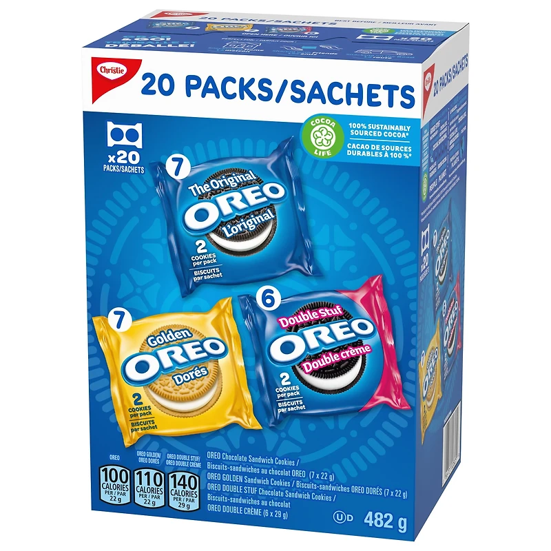 OREO, 20 Snack Packs (Individually Wrapped), 40 Cookies, School, Lunch, Birthday Party, Bulk Variety Pack of OREOs Original Chocolate & Double Stuf & Golden Vanilla Sandwich Cookies, 482 g