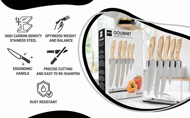 6-Piece Kitchen Knife Set with Wood Grain Handles and Acrylic Stand – Seville Collection