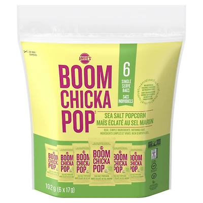Angie's BOOMCHICKAPOP® prêt-à-manger, sans gluten, sans OGM, maïs éclaté végétalien au sel marin, 6 sacs individuels (6 x 17 g) 102g