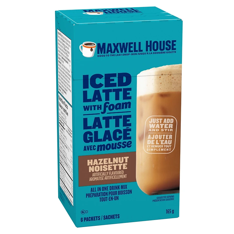 Maxwell House Hazelnut Iced Latte with Foam Drink Mix, 165 g, 6 Packets, Casein-Free, MW ICED LATTE FOAM HAZELNUT 165G