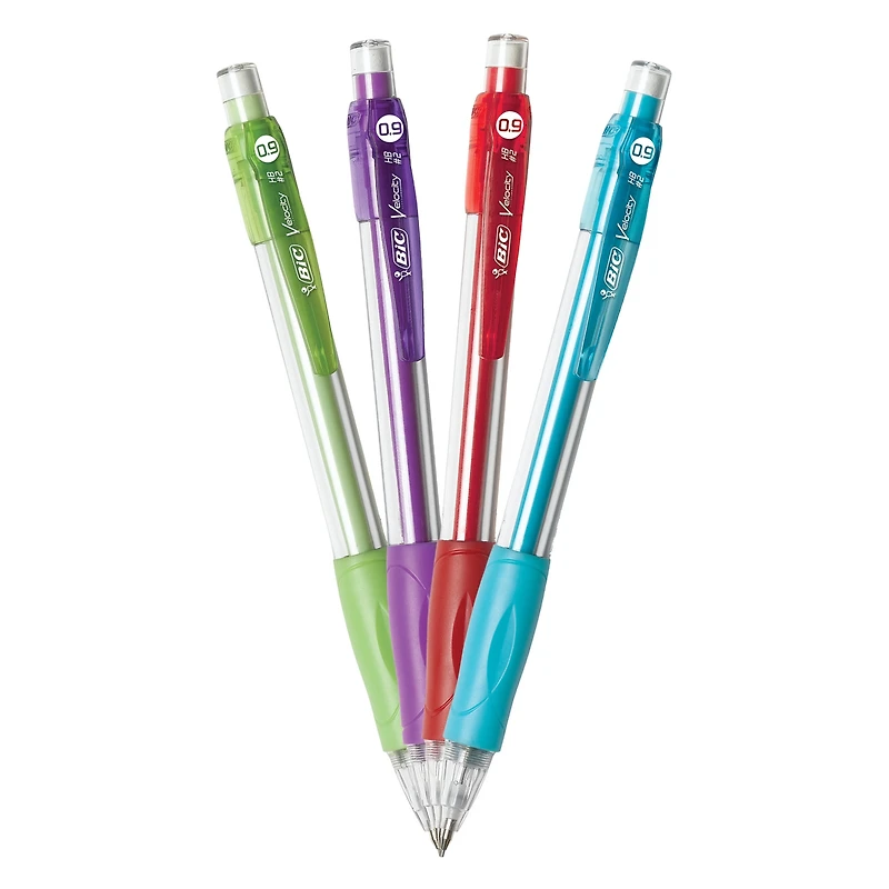 - BIC Velocity Strong Lead Mechanical Pencils, With Colourful Barrel, Thick Point (0.9 mm), 4-Count Pack Mechanical Pencils With Erasers and Lead Refills