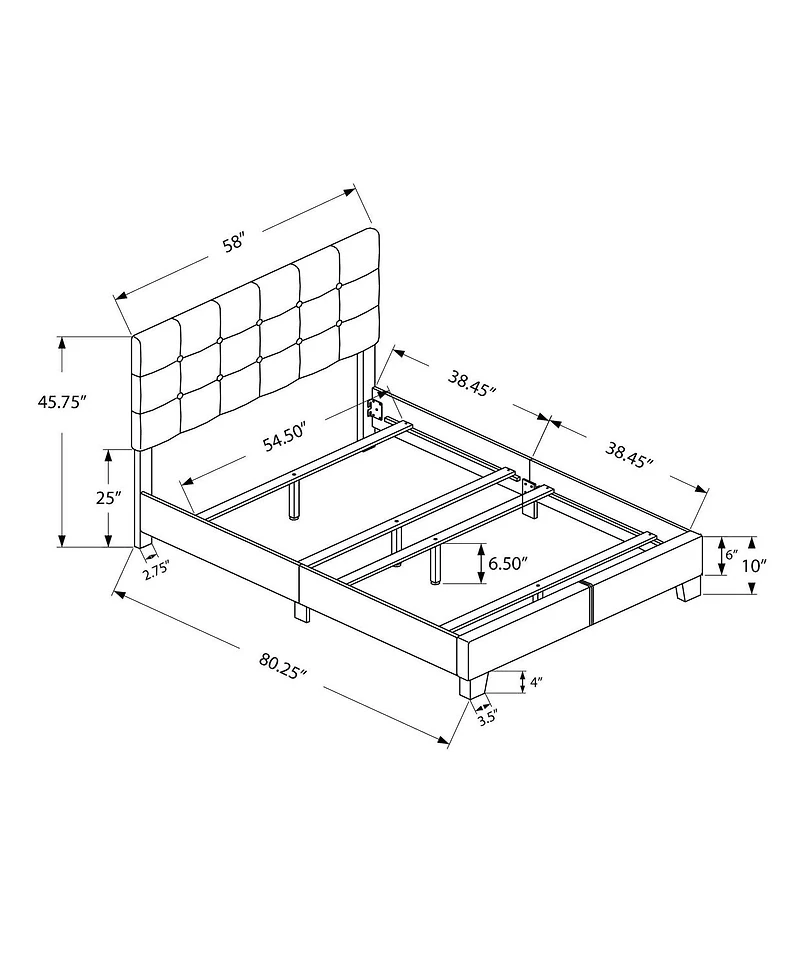 Monarch Specialties Bed, Full Size, Bedroom, Upholstered, Frame Only, Transitional