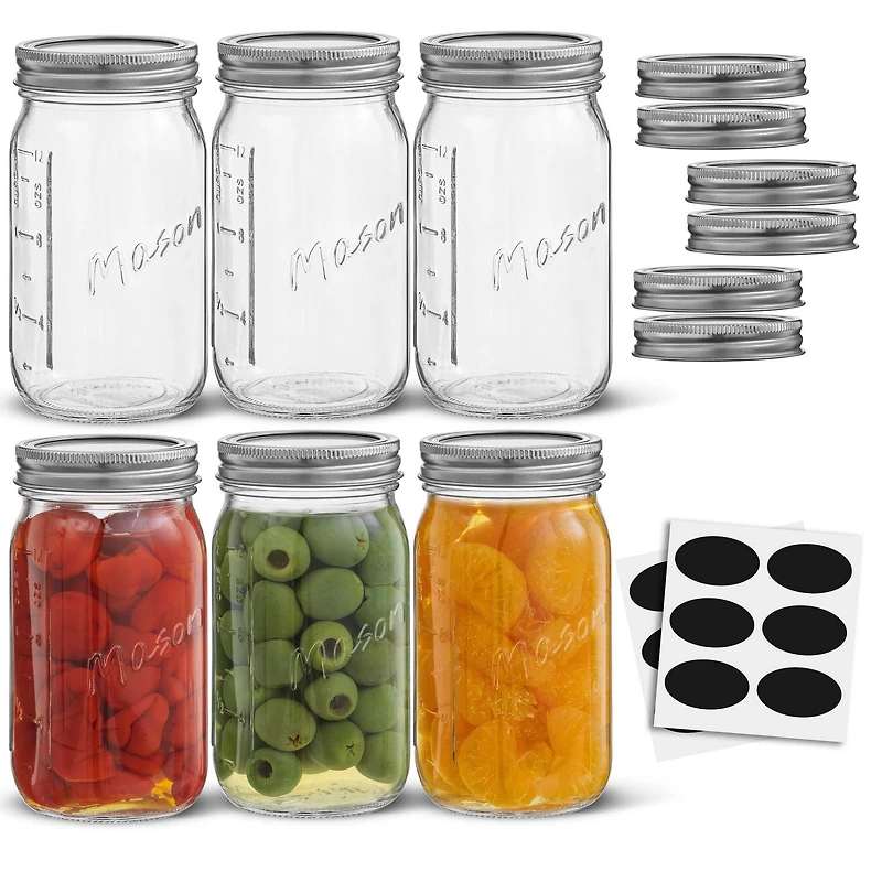 Regular Mason Jars with Airtight Lids, Labels and Measures - 16 oz - Set of 6