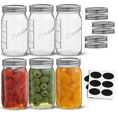 Regular Mason Jars with Airtight Lids, Labels and Measures - 16 oz - Set of 6