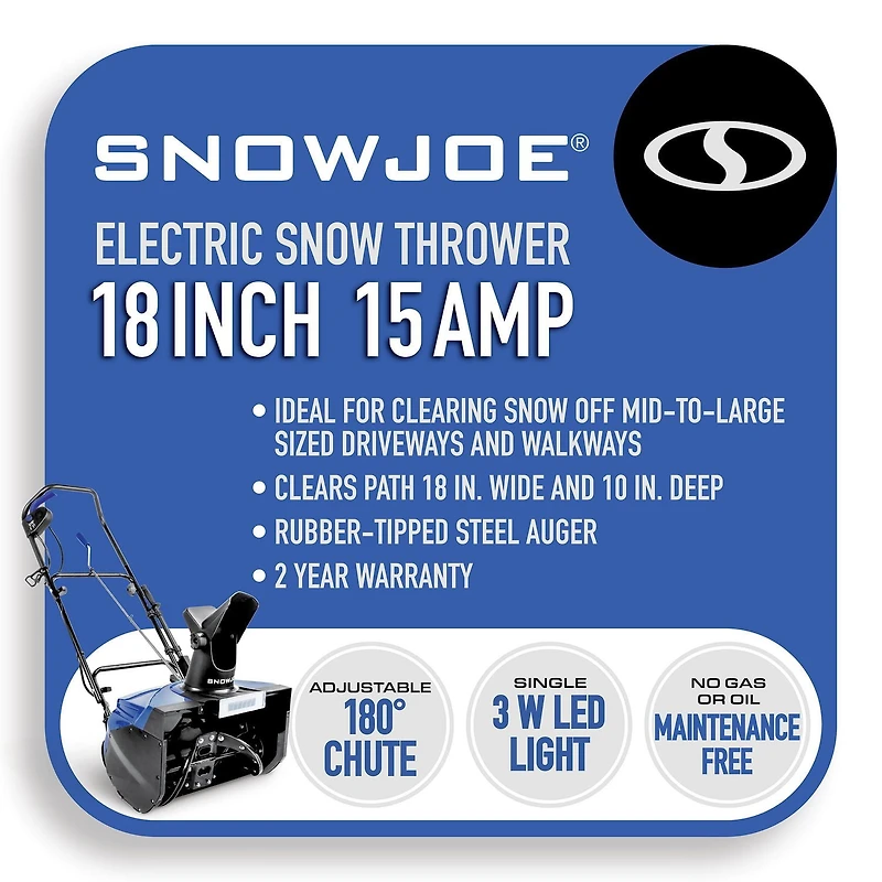 Souffleuse à Neige électrique Snow Joe à une étape de 46 cm, moteur de 15 Ah et phares