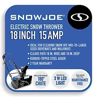 Souffleuse à Neige électrique Snow Joe à une étape de 46 cm, moteur de 15 Ah et phares