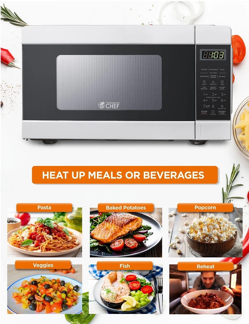 COMMERCIAL CHEF 0.9 Cu Ft Microwave with 10 Power Levels, Push Button and Child Lock, 900 Watt Microwave with Digital Controls, Countertop Microwave with Timer and Quick-Touch Menu, White