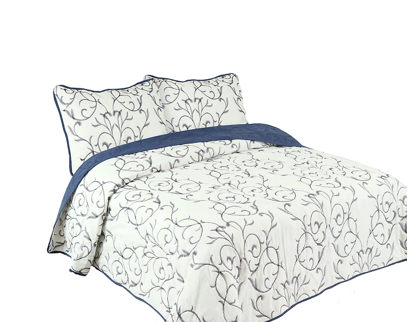 Marina Decoration Embroidered Stitching Coverlet Bedspread Ultra Soft Solid Bedding Summer Quilt Set with Quilted Sham, Navy Blue Branch Pattern