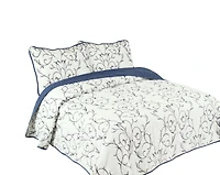 Marina Decoration Embroidered Stitching Coverlet Bedspread Ultra Soft Solid Bedding Summer Quilt Set with Quilted Sham, Navy Blue Branch Pattern