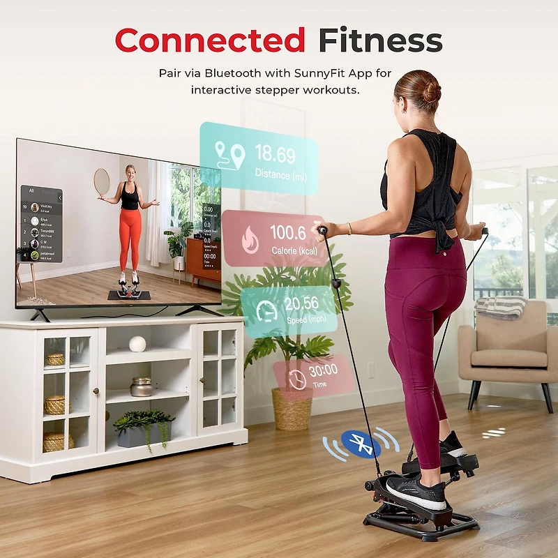 Machine stepper 2-en-1 Sunny Health & Fitness Total Body Smart, Entraînement du corps entier, Hydraulique ajustable, Moniteur LCD, Bandes de résistance, Pédales antidérapantes avec l'application optio