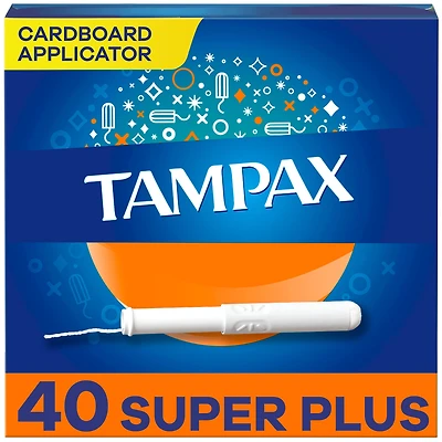 Tampax Cardboard Tampons Super Plus Absorbency, Anti-Slip Grip, LeakGuard Skirt, Unscented, 40CT