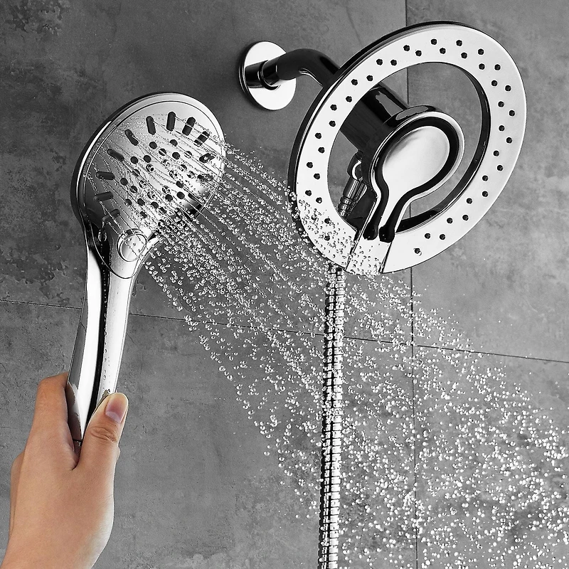The akuaplus® square thermostatic valve with 4-way diverter, 2 magnetic handshowers or simultaneously.  Hand shower 3 settings with Push-Buttom and a swiveling shower head.  Chrome finish
