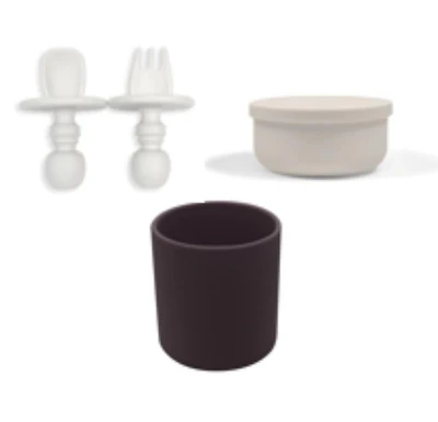 Kushies 4 Piece 100% Silicone Feeding Meal Set - - (Silicone container & Spoon & Fork & Cup) – Dishwasher & Microwave Safe  - Sand - 6 months +