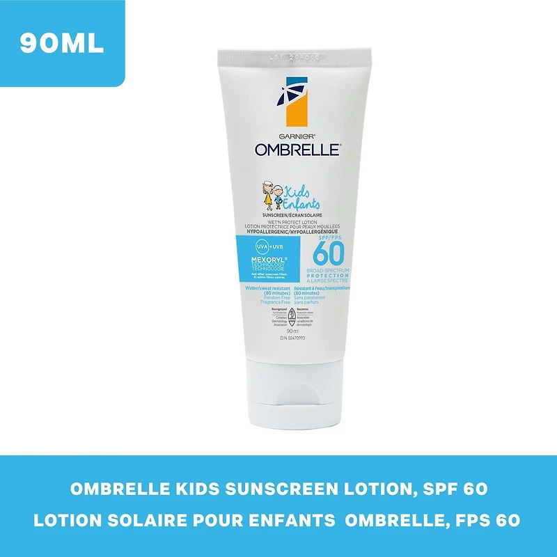 Garnier Ombrelle Écran solaire pour enfants FPS 60, formulé pour les peaux sensibles, non comédogène, hypoallergénique, sans parfum, haute protection à large spectre UVA/UVB, résistant à l'eau, 90 ml