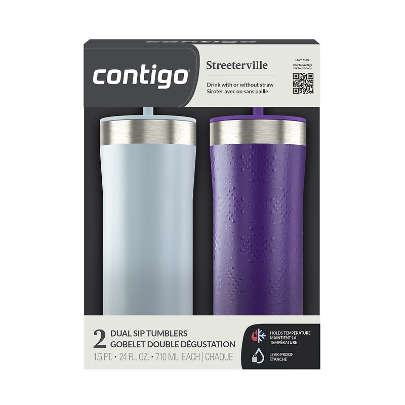Contigo Streeterville Tumbler, Includes Plastic Straw and Splash-Proof Lid, Vacuum-Insulated, Stainless Steel, 24 oz (709 ml), Light Stone & Violet Dots, 2 Pack, BPA-Free