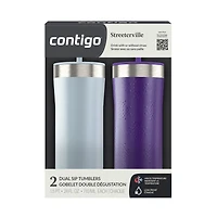 Contigo Streeterville Tumbler, Includes Plastic Straw and Splash-Proof Lid, Vacuum-Insulated, Stainless Steel, 24 oz (709 ml), Light Stone & Violet Dots, 2 Pack, BPA-Free