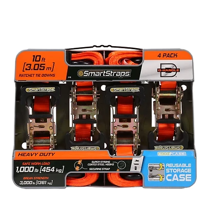 10' 3000 lb Padded D-Handle Heavy Duty Ratchet Tie Down 4 Pk Orange, pack of 4