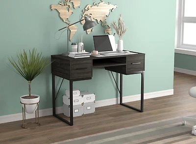 Safdie & Co. Bureau d'Ordinateur 42.5po Gris Foncé avec 2 Tiroirs 1 Étagère et Métal Noir pour Bureau et Petits Espaces. Idéal pour l'écriture, les jeux vidéo, l'étude, le travail à domicile