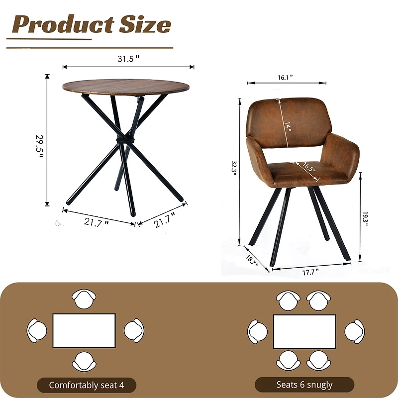 Ensemble de salle à manger 3 pièces Homy Casa avec table ronde et fauteuils pivotants, table imitation bois expresso de 80 cm et 2 chaises pour cuisine et appartement, tissu imitation suède marron