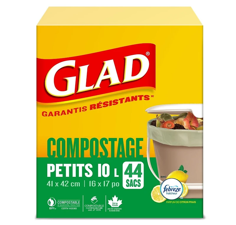 Glad Certified Compostable Bags - Small 10 Litres -, Lemon scent, 44 Compost Bags