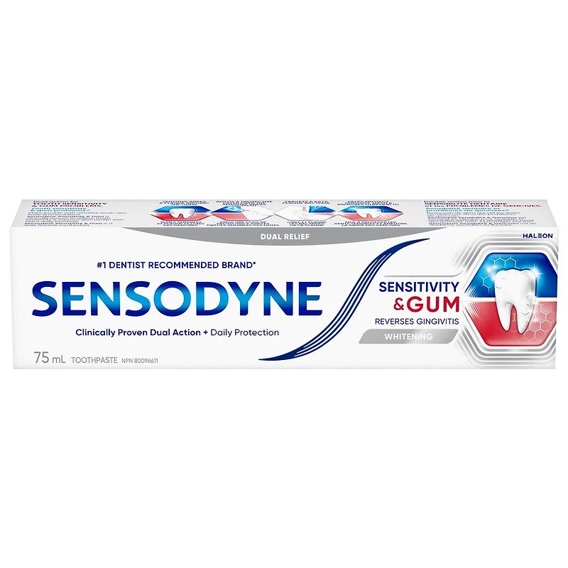 Dentifrice pour dents sensibles Sensodyne pour le soulagement de la sensibilité dentaire et l’amélioration de la santé des gencives, dentifrice au fluorure, blanchissant, 75 mL Blanchissant, 75 mL
