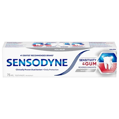 Dentifrice pour dents sensibles Sensodyne pour le soulagement de la sensibilité dentaire et l’amélioration de la santé des gencives, dentifrice au fluorure, blanchissant, 75 mL Blanchissant, 75 mL