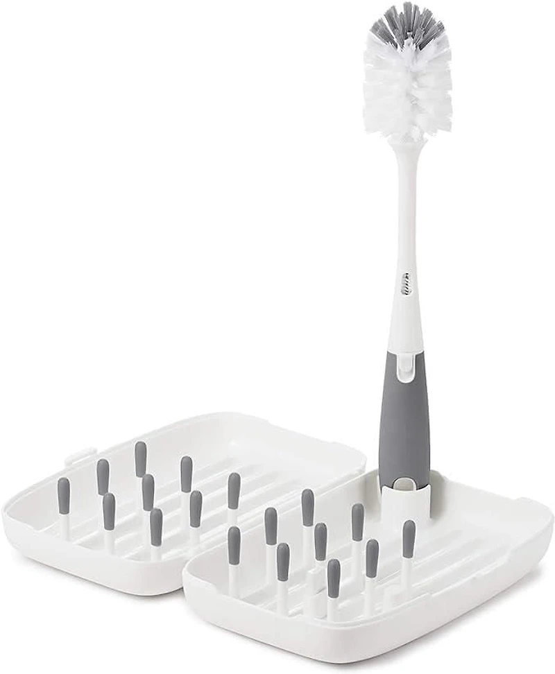 OXO Tot - On-the-Go Drying Rack with Bottle Brush - All-in-One Portable Solution for Cleaning and Drying Baby Bottles, Pump Parts and More - Grey