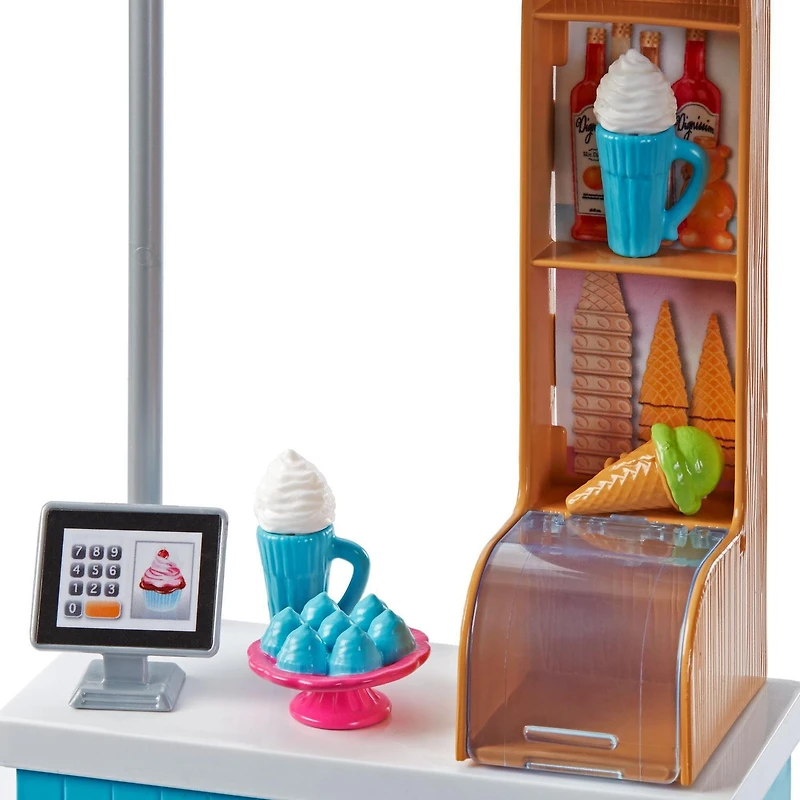 Coffret de jeu ​Café des glaces Barbie avec poupée Barbie et poupée Chelsea, structure de Café, table, 2 chaises et accessoire alimentaires, 3 à 7 ans