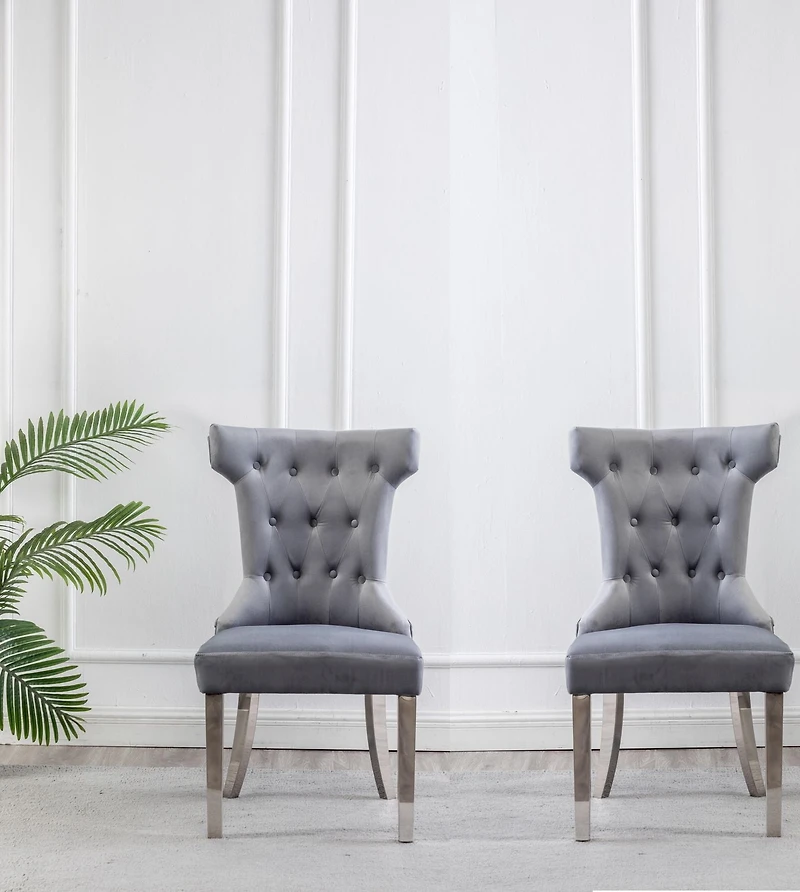 K-LIVING ORICA GREY-COLORED TUFTED VELVET CHAIRS WITH STAINLESS STEEL LEGS & STURDY BACK HANDLE (2 CHAIRS)