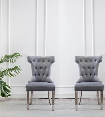 K-LIVING ORICA GREY-COLORED TUFTED VELVET CHAIRS WITH STAINLESS STEEL LEGS & STURDY BACK HANDLE (2 CHAIRS)
