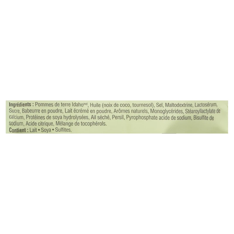 Idahoan - Purée de pommes de terre à l'ail roti d'Idahoan Purée de pommes de terre à l'ail roti d'Idahoan. Fait de vraies pommes de terre Idaho à 100 %, elles se marient parfaitement avec l'ail roti et le persil