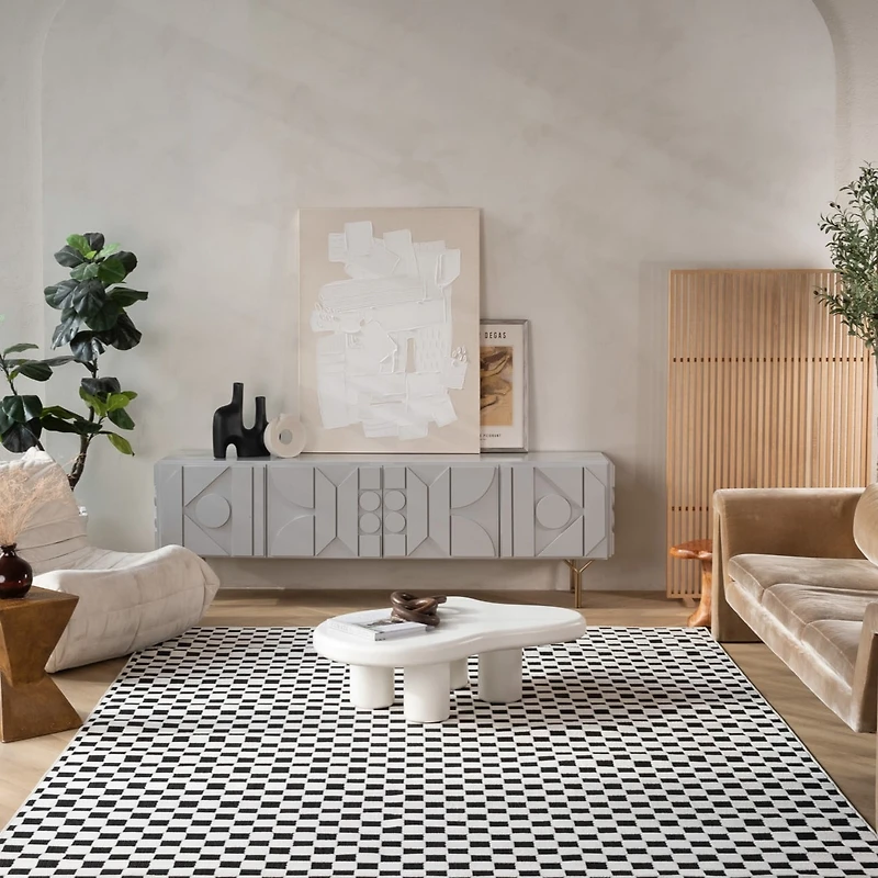 Tapis d'interieur et d'exterieur a carreaux Rug Branch Maise, noir et blanc, moderne - Entree, couloir, salle de bain et cuisine