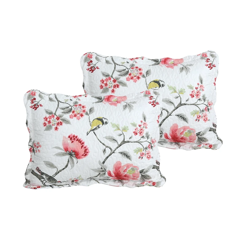 Marina Decoration Rich Printed Stitching Coverlet Bedspread Ultra Soft Summer Bedding Quilt Set with Quilted Sham, Pink Floral and Birds Pattern