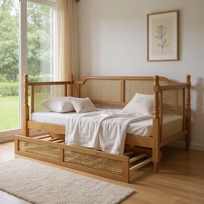 Lit de repos Homy Casa en rotin avec lit gigogne pour chambres et suites d'amis