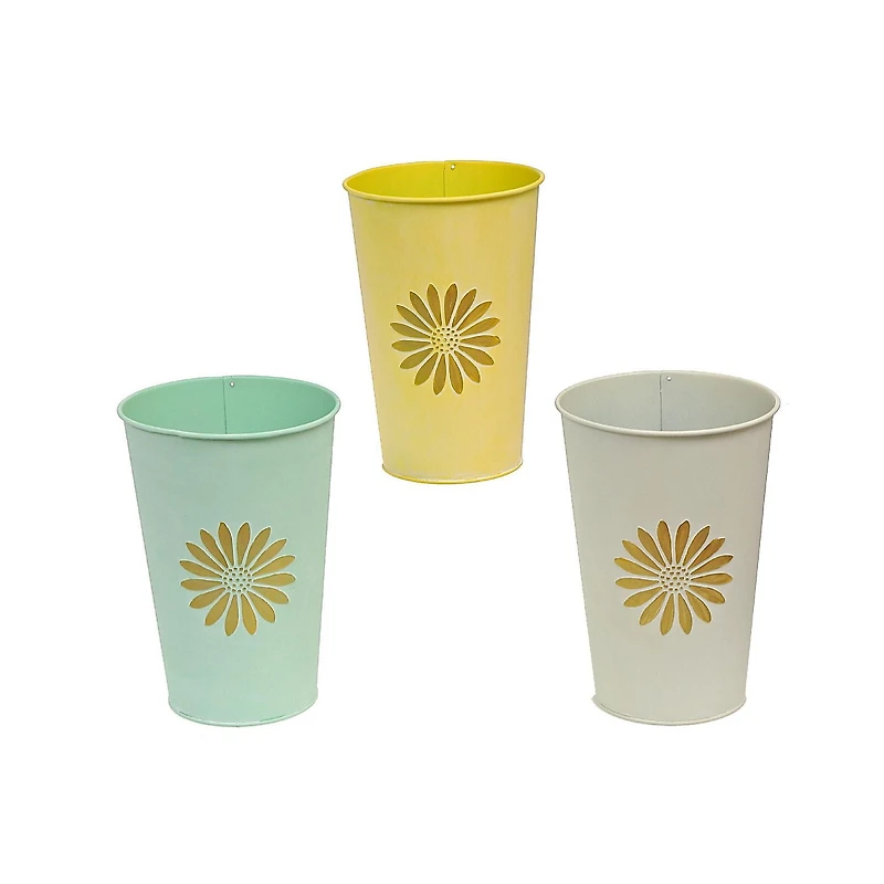 IH Casa Decor Embossed Daisy Metal Tall Round Planter Asstd - Set of 3