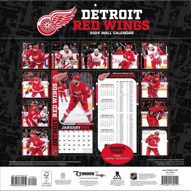 Turner Licensing Detroit Red Wings 2024 12x24 Inch Square Wall Calendar, 9798350601459