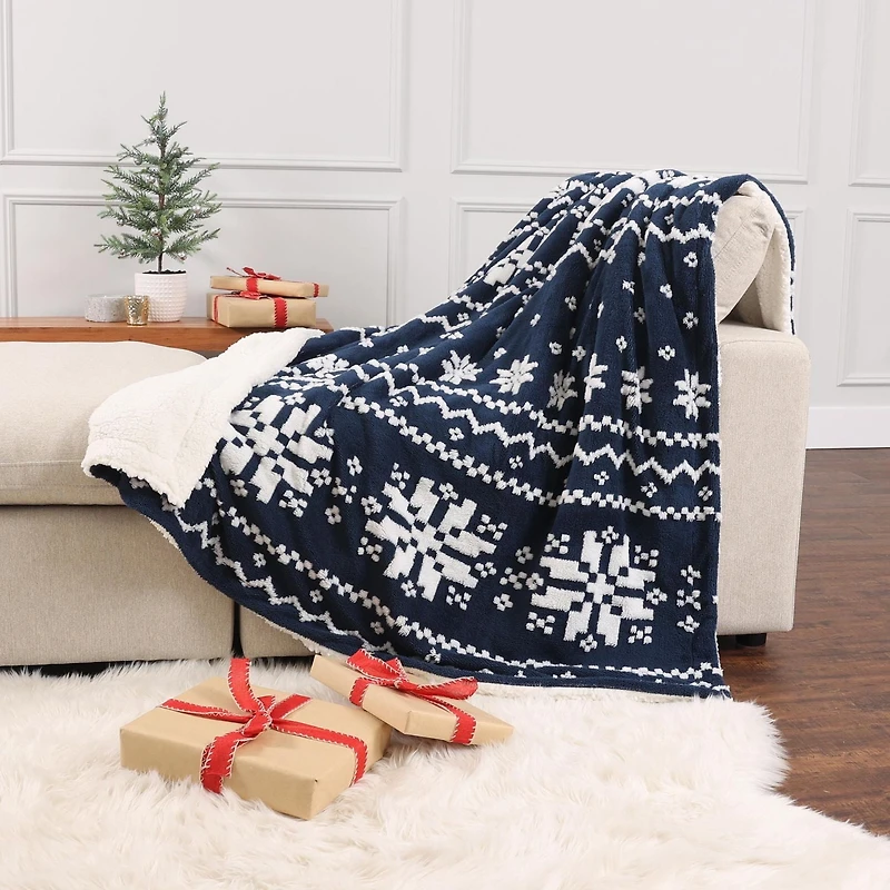 Holiday Jacquard Sherpa Throw, Blue 60" x 70"