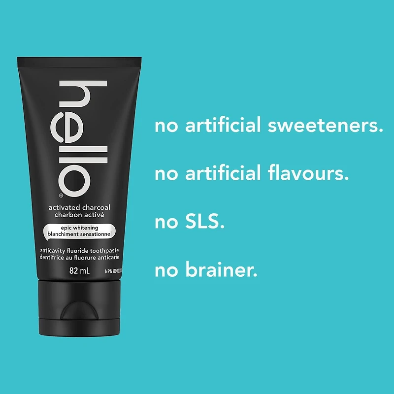 Dentifrice au charbon activé sans fluorure Hello - 82 mL Dentifrice charbon Hello